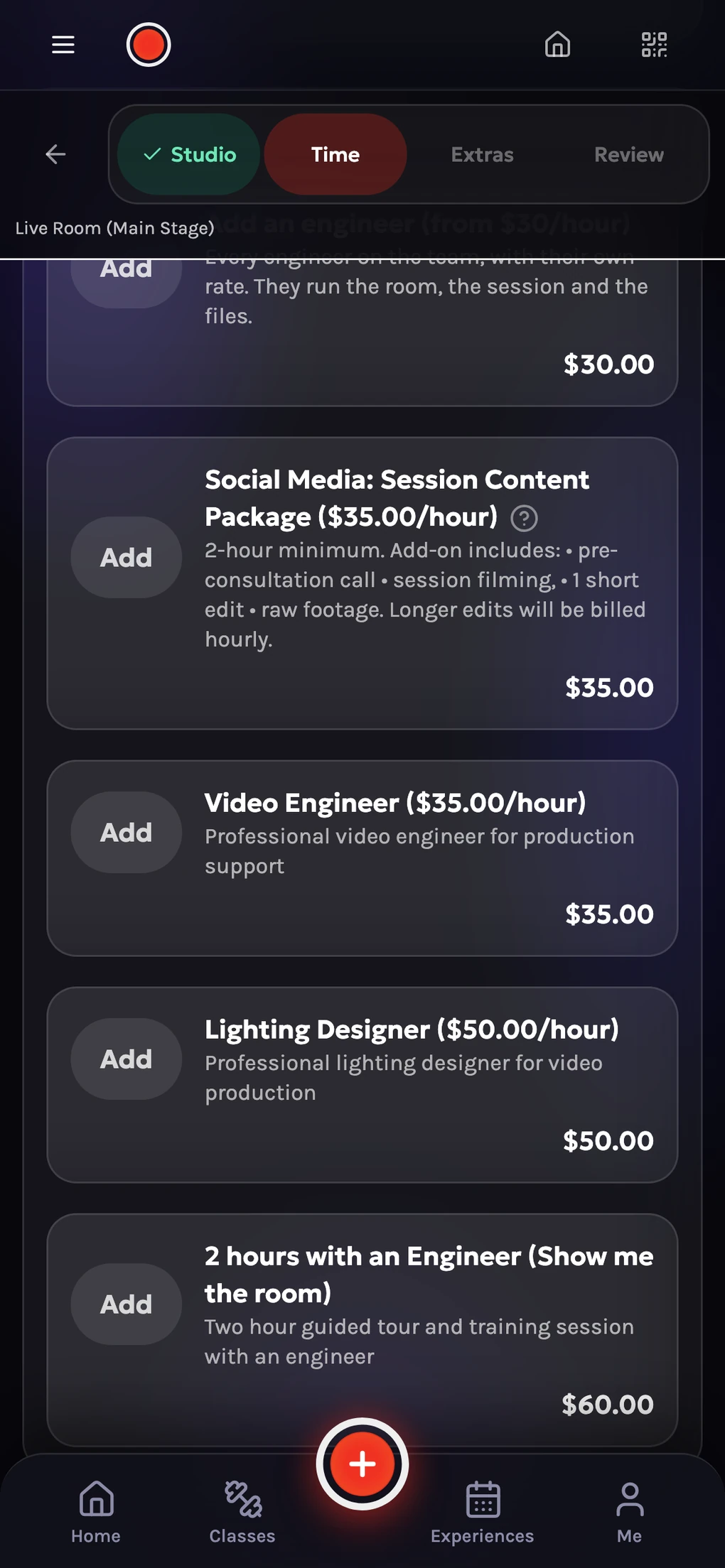 Add-on services in the booking flow: engineer, content package, lighting