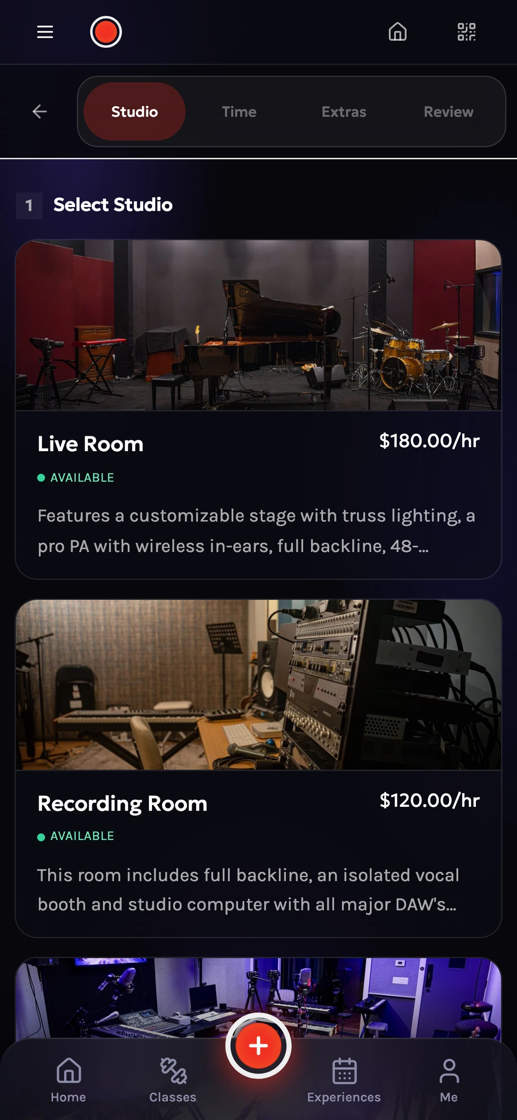 Booking a studio in the app: selecting a room