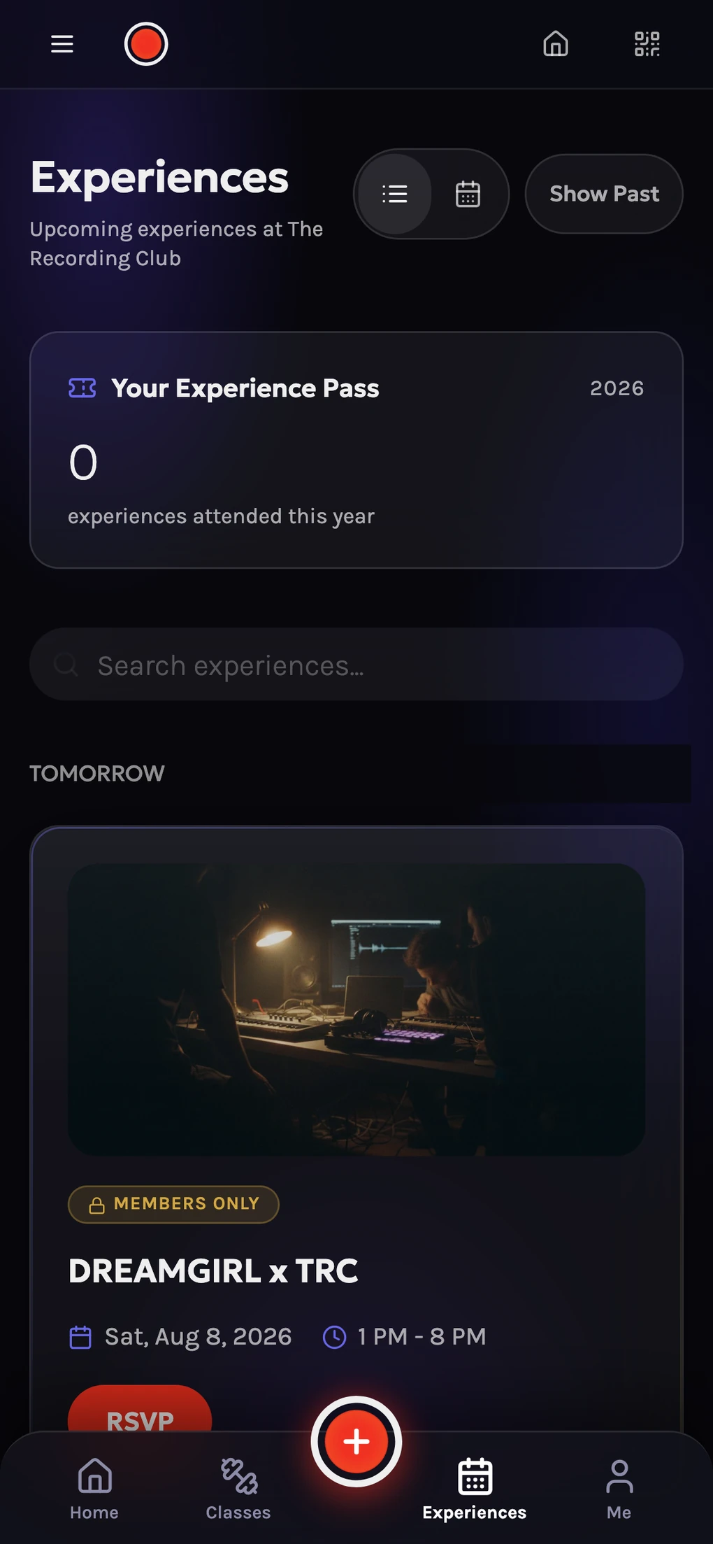 Upcoming experiences in the app, with access badges