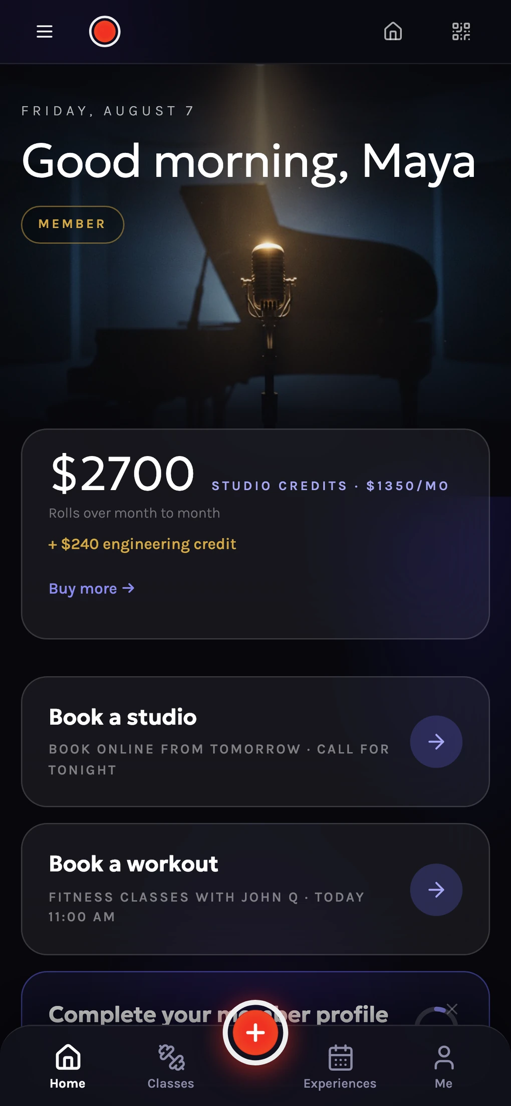 The member app home screen: the next session, the club calendar, and the concierge one tap away
