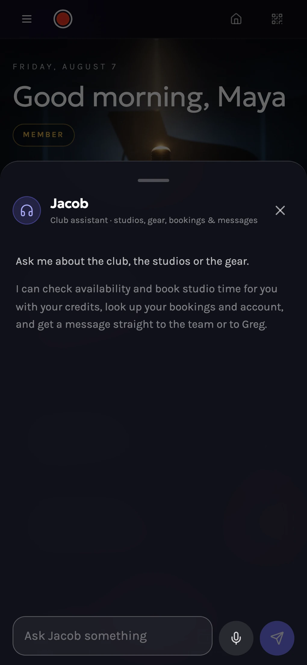 The member app: a request sheet with hold-to-talk, addressed to the floor