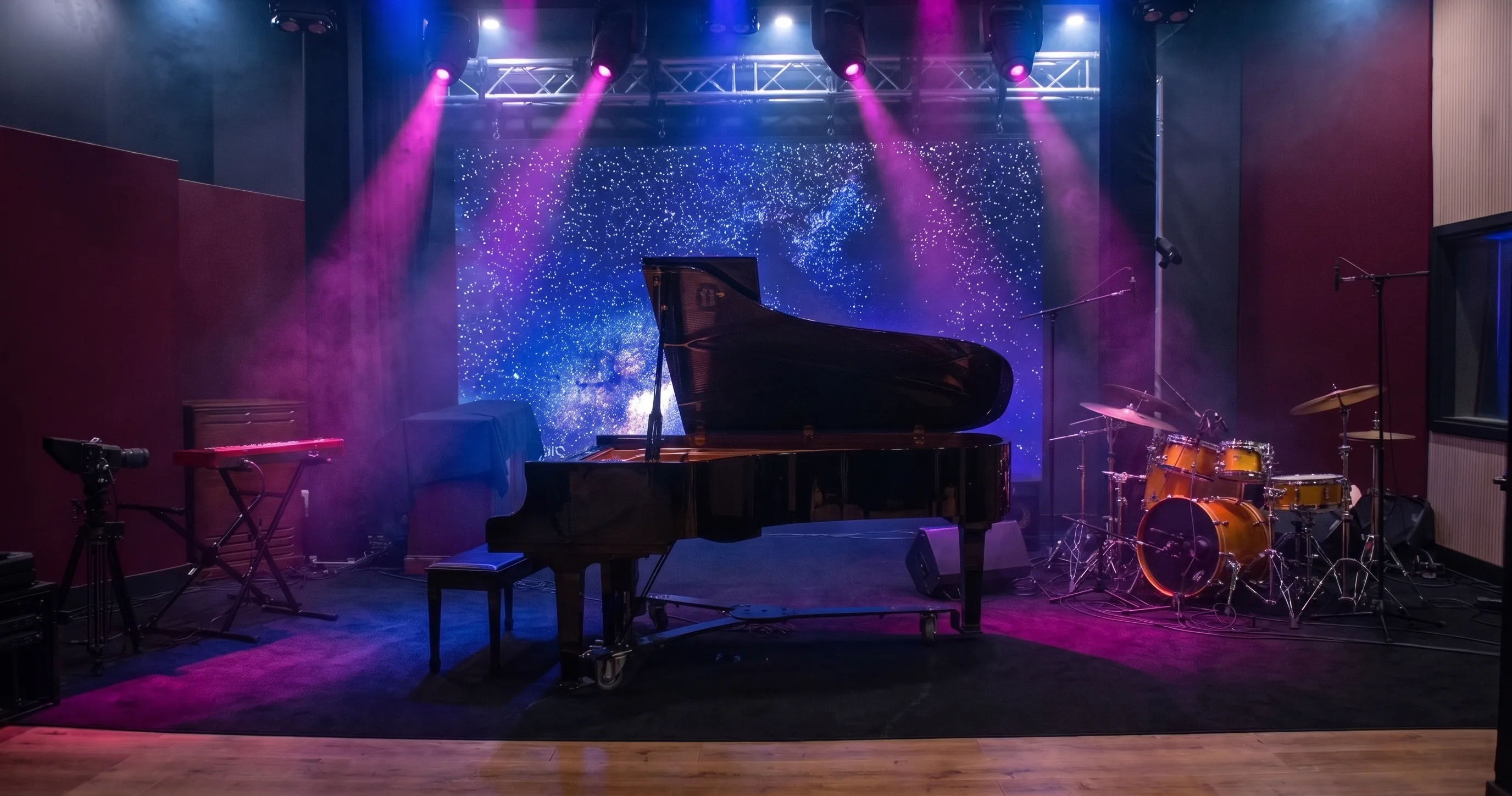 The Live Room set for a session: the grand piano centre stage against the starfield LED wall, magenta and blue beams in the haze