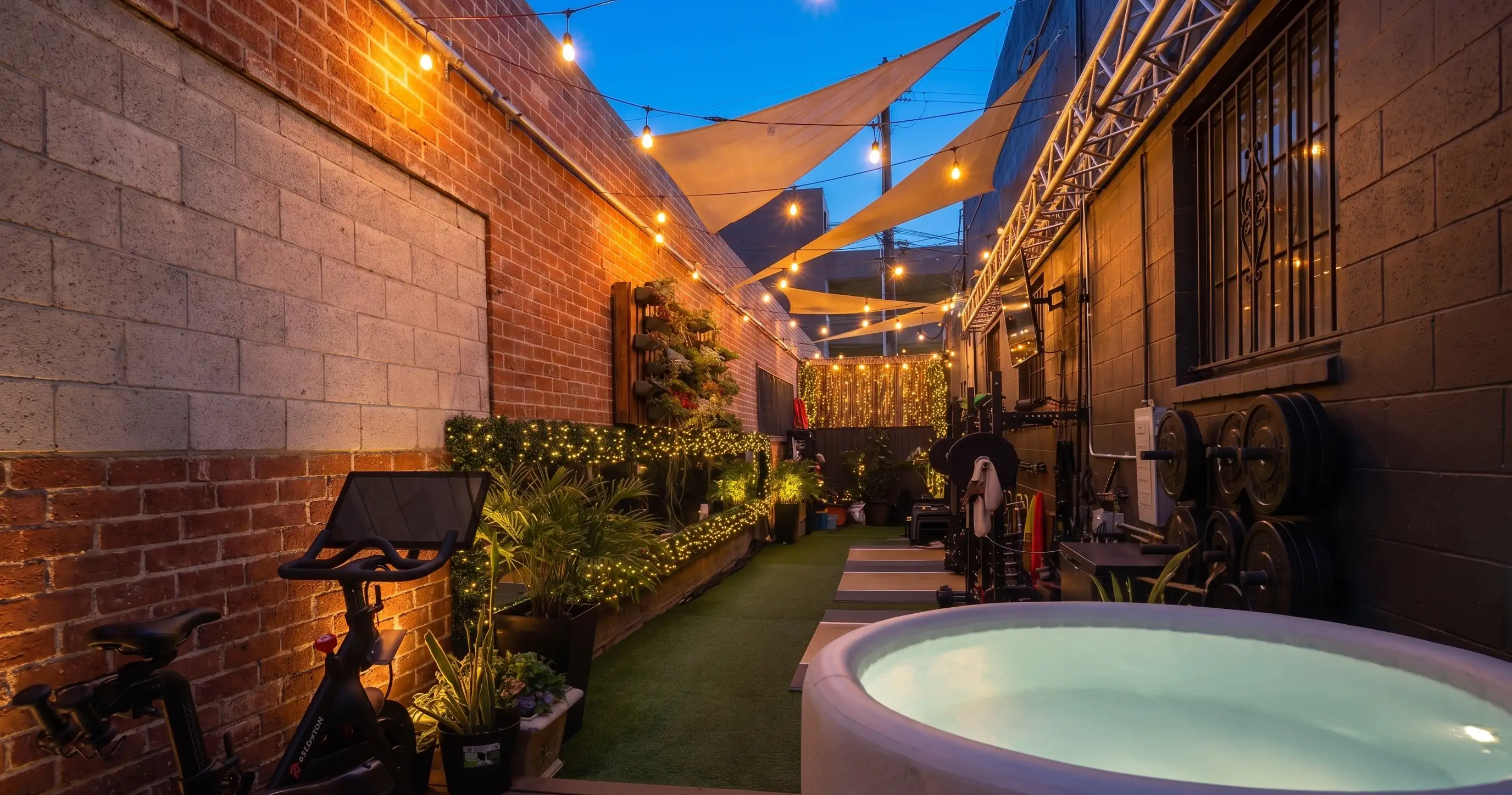 The outdoor gym at dusk: string lights glowing over the turf lanes, racks along the wall, the cold plunge lit and still