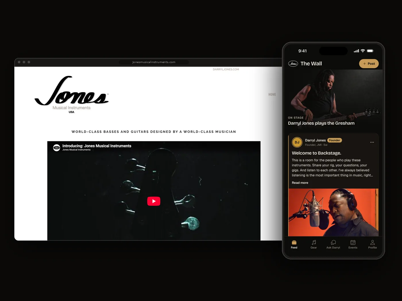 The Jones Musical Instruments website in a browser beside the JMI Backstage app on a phone
