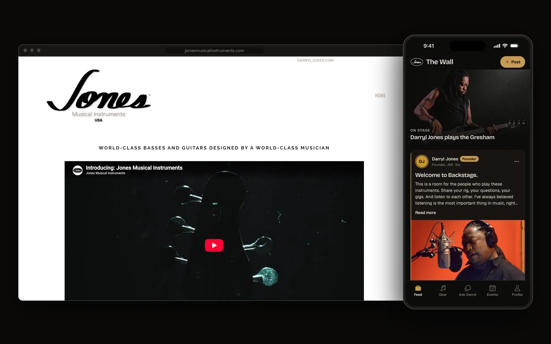 The Jones Musical Instruments website open in a browser, with the JMI Backstage app running on a phone beside it