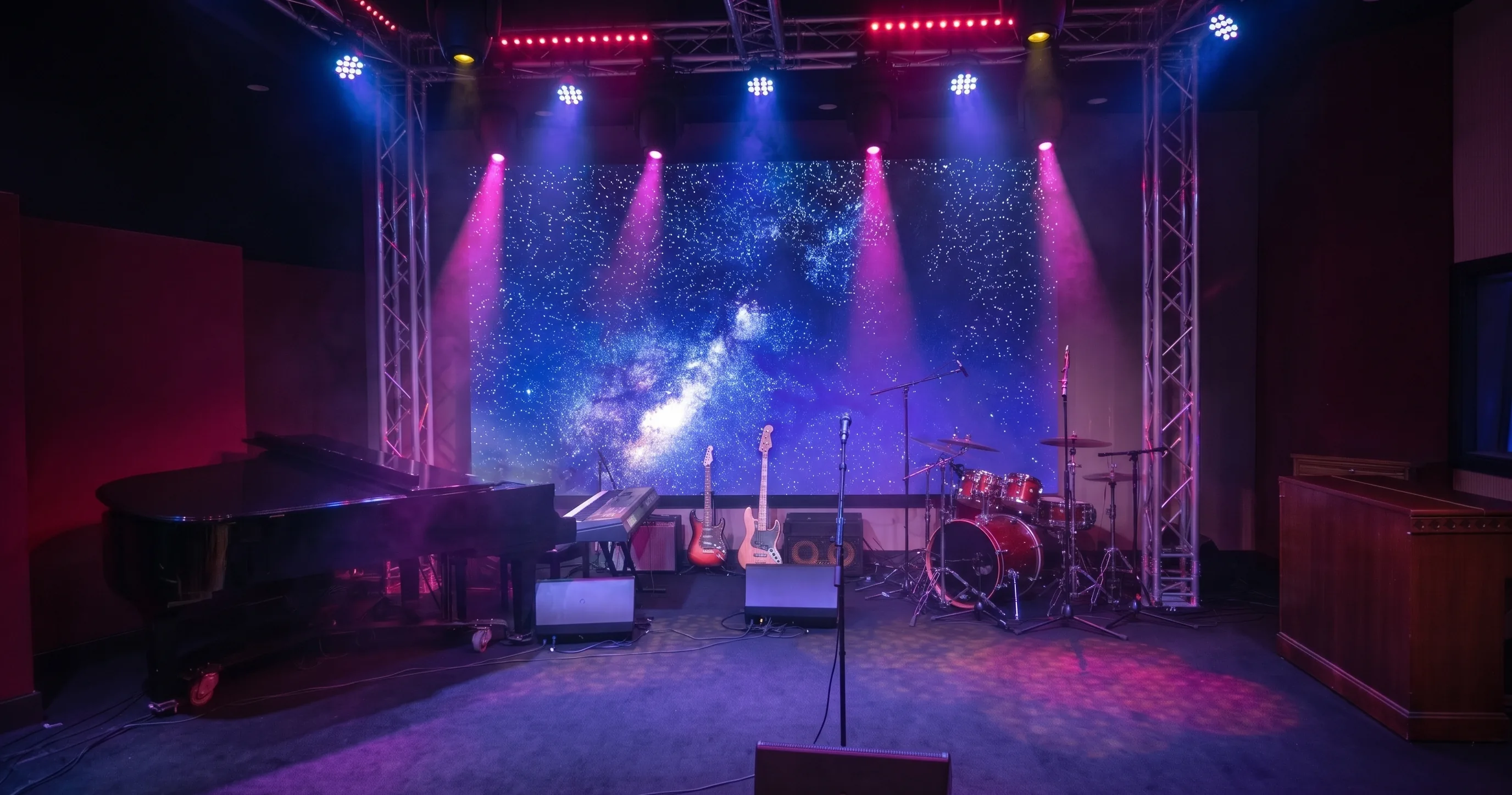 The Live Room stage set for a full band: grand piano, guitars and a red drum kit under the truss, the LED wall a field of stars behind them