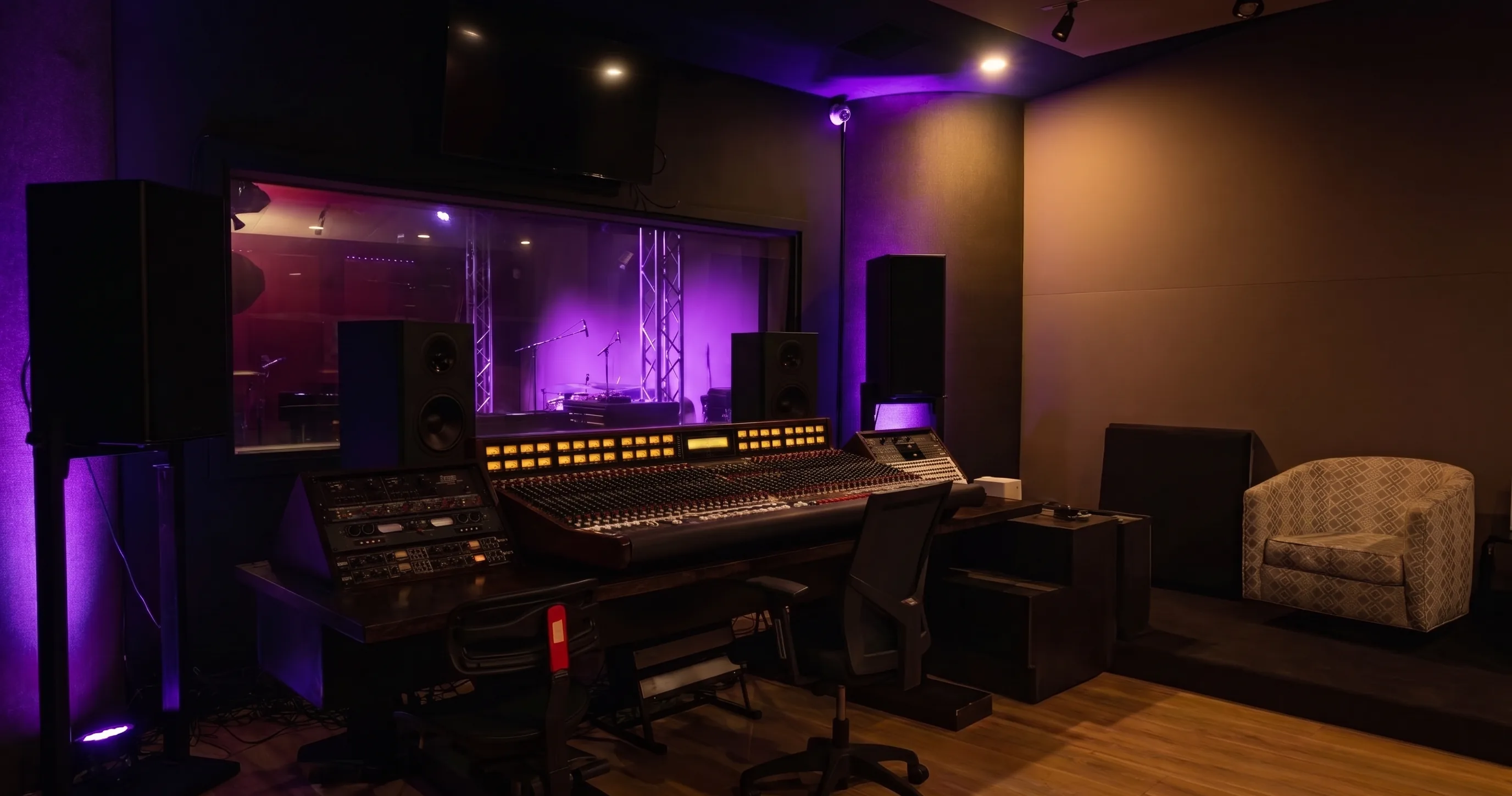 The Mixing Room in low light: the Trident 88's meters glowing amber, the tracking space lit violet through the glass beyond it