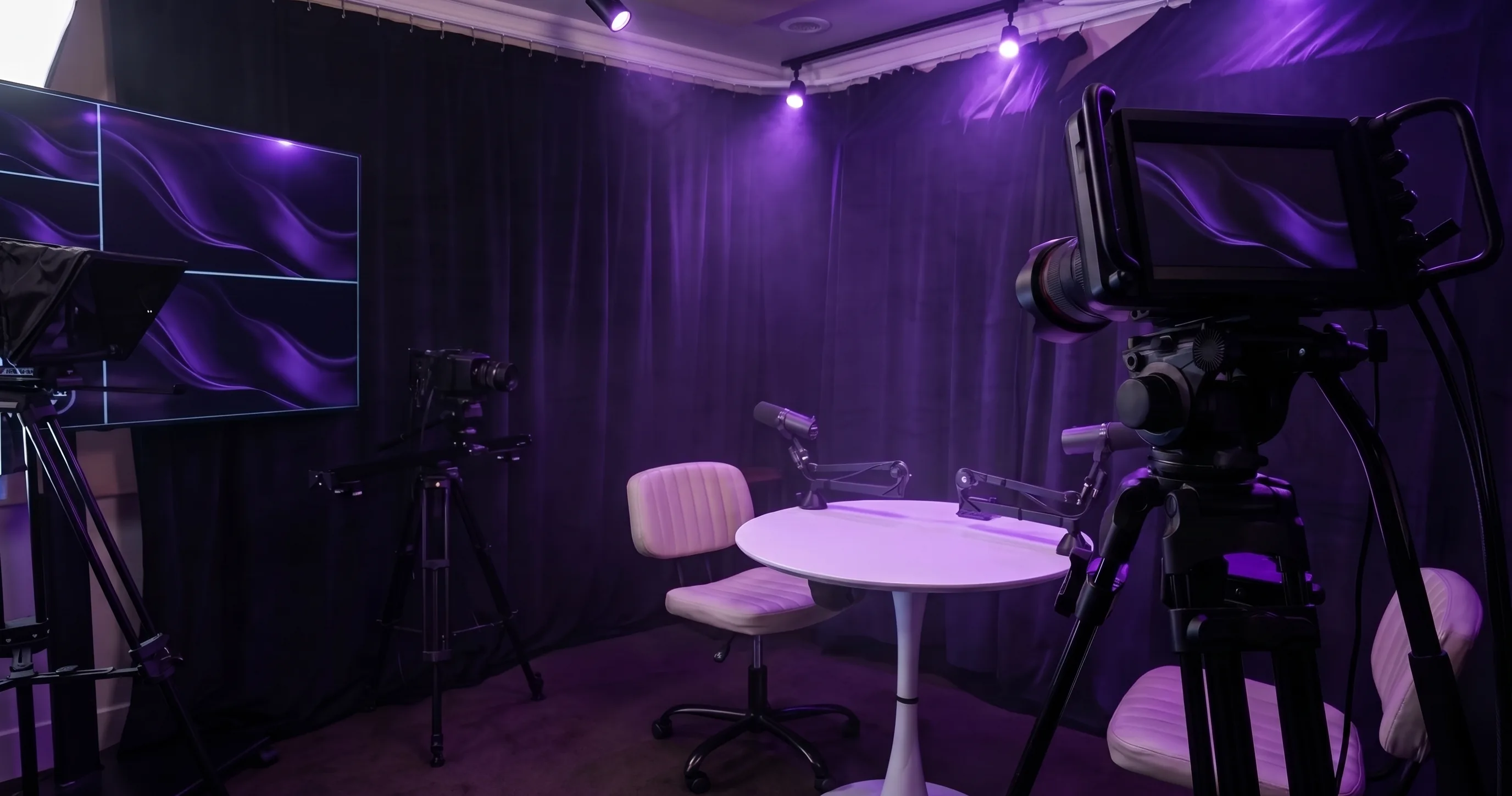 The Podcast Room: the white table and cream chairs ringed by cameras, violet light pooling on the black drapes