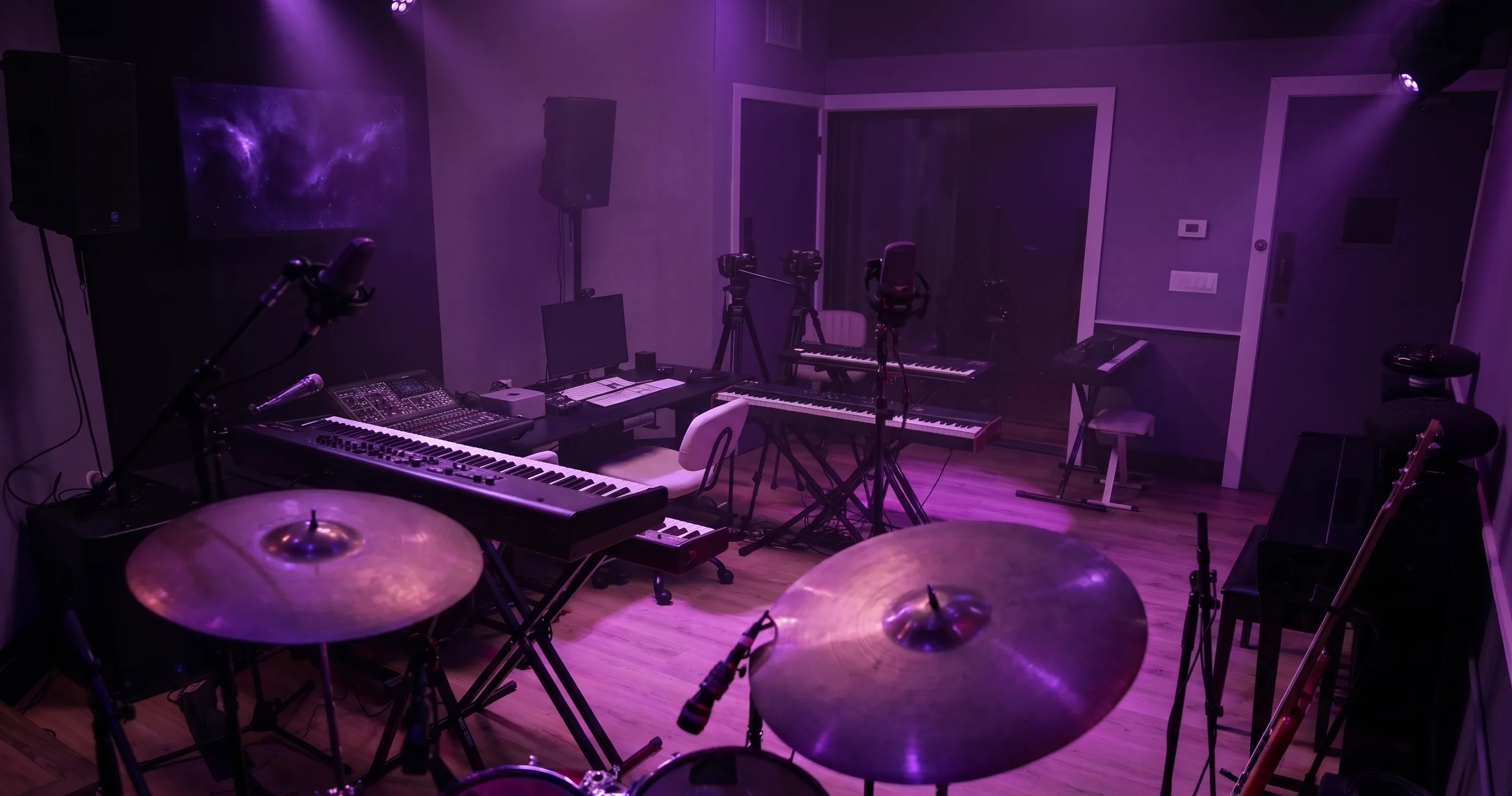 The Rehearsal Room in deep violet: cymbals in the foreground, the keyboard rig and desk beyond, soft pools of light on the floor