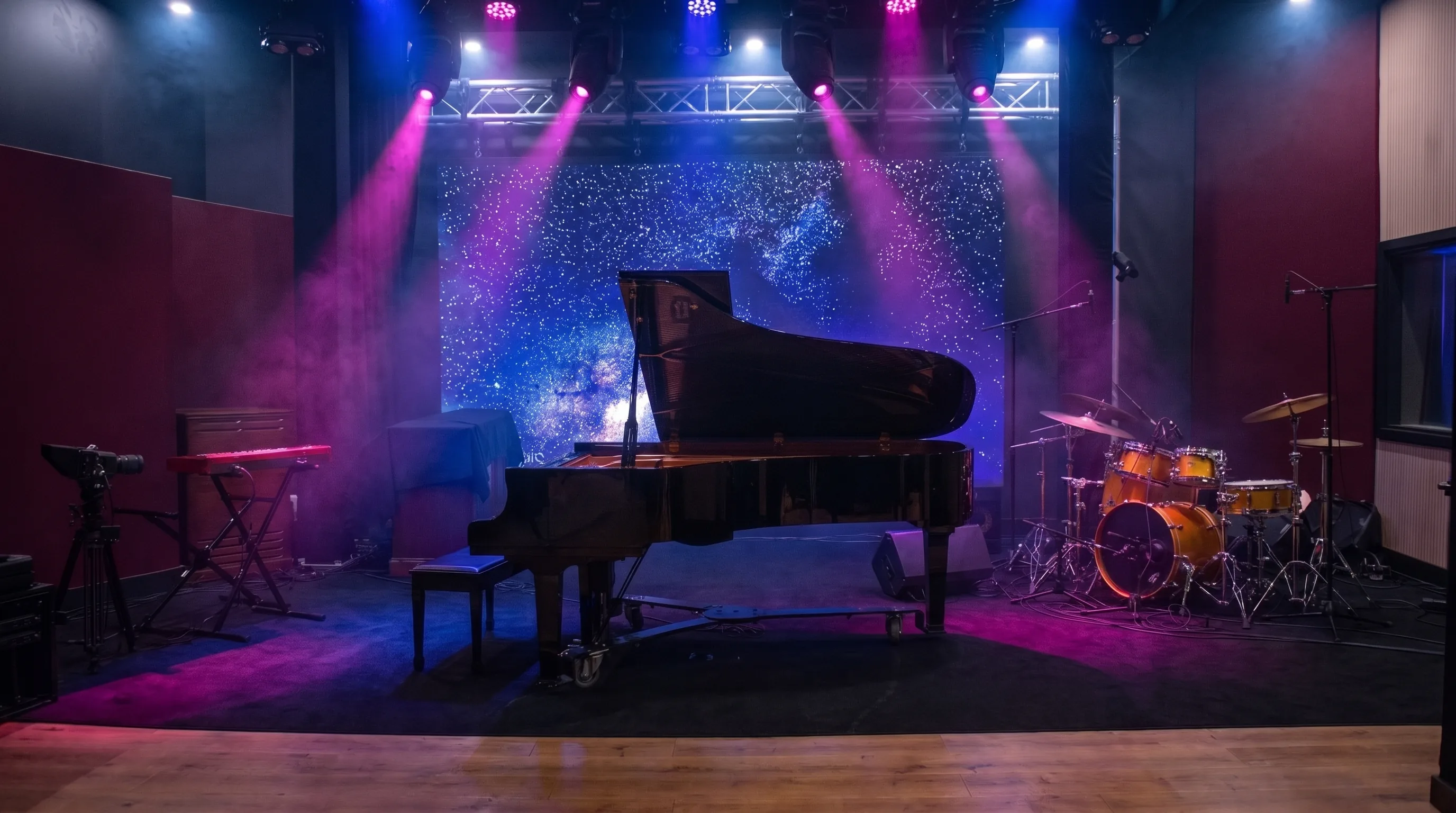 The Live Room stage set for a session: the grand piano centre stage against the LED wall's starfield, magenta and blue beams in the haze